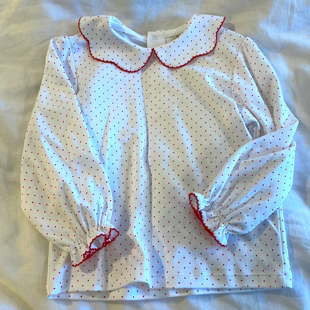 The Beaufort Bonnet Company white with red polka dots top with Peter Pan collar.